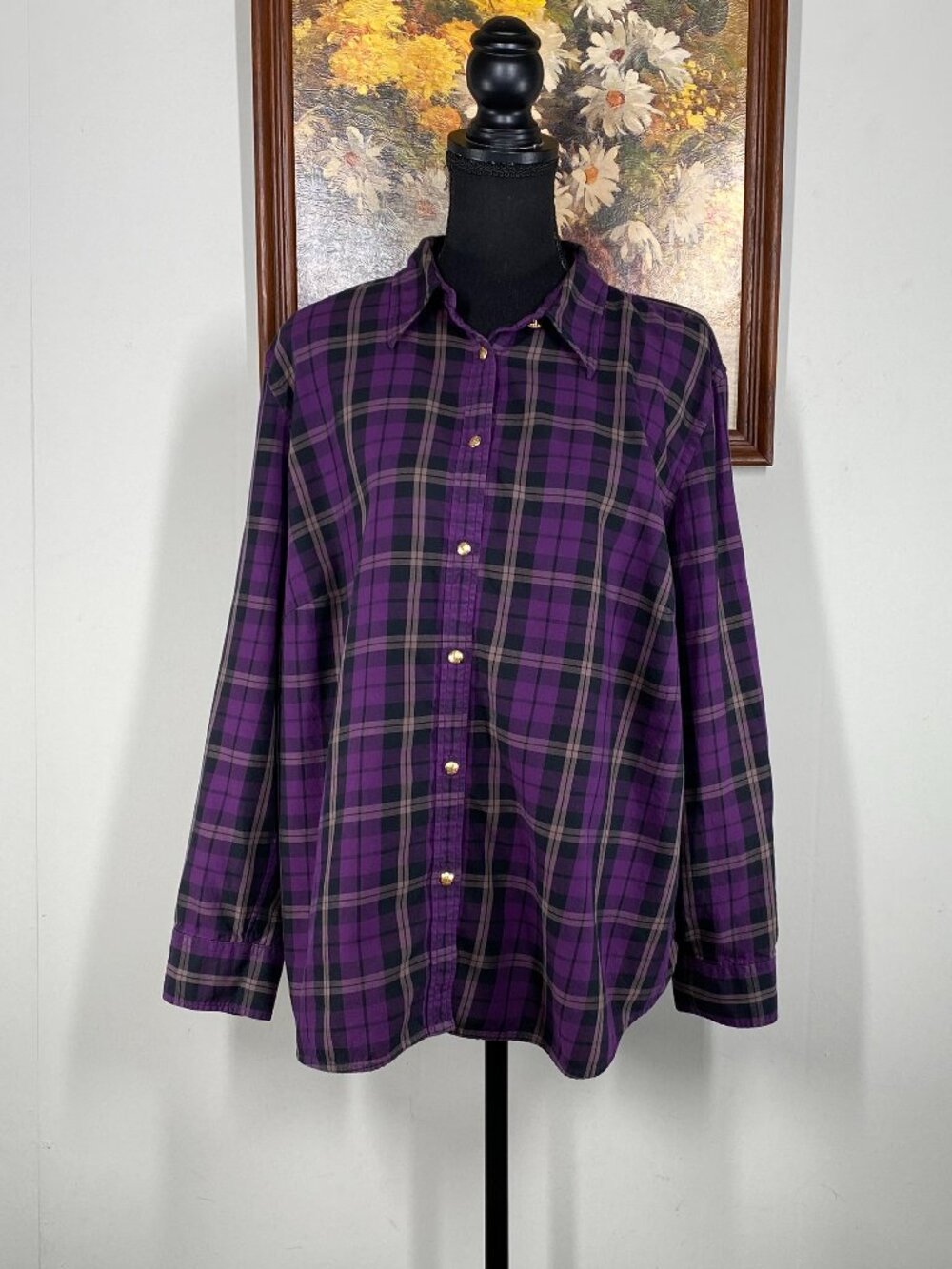 Chaps Button Up Shirt Top Women's 2X Multicolor Plaid Preppy Casual